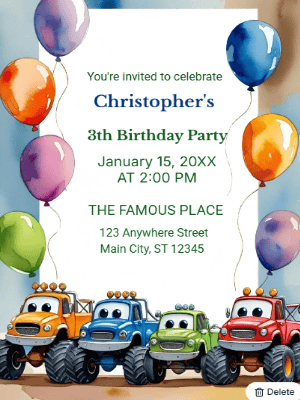Monster Truck Theme with Balloons Birthday Invitation customizable template