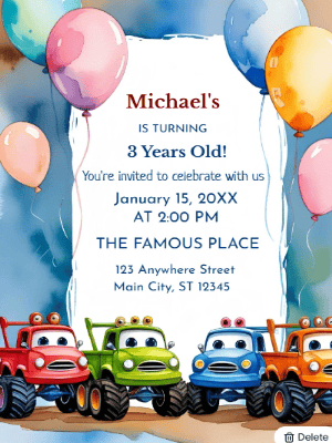 Monster Truck Theme with Balloons Birthday Invitation customizable template