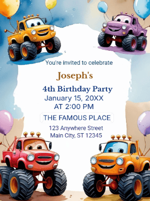 Monster Truck Theme with Balloons Birthday Invitation customizable template