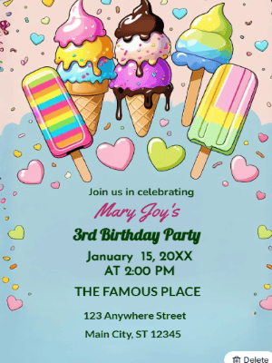 Ice Cream Theme Kids Birthday Invitation customizable template