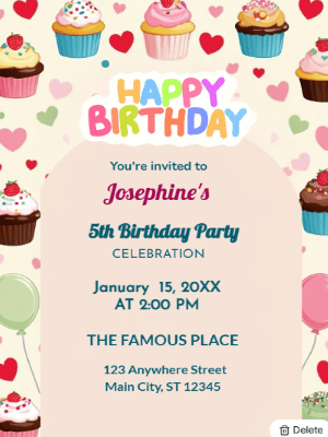 Cupcakes Balloons Pastel Color Theme Kids Birthday Invitation customizable template
