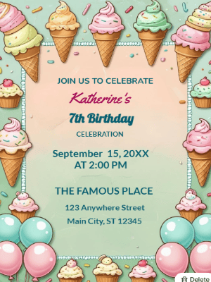 Ice Cream Balloons Pastel Color Theme Kids Birthday Invitation customizable template