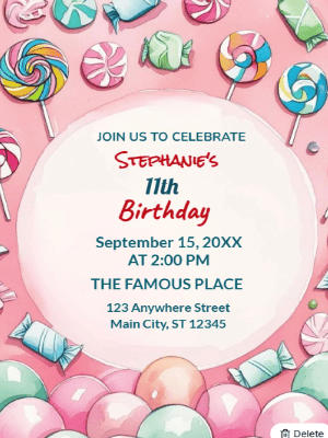 Pink Candy Lollipop and Balloons Theme Kids Birthday Invitation customizable template