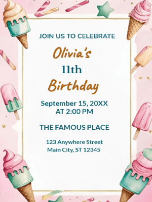 Colorful Pastel Ice Cream Kids Birthday Invitation customizable template
