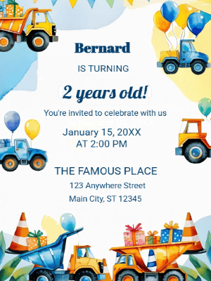 Construction Truck Theme with Balloons and Party Decoration Birthday Invitation customizable template