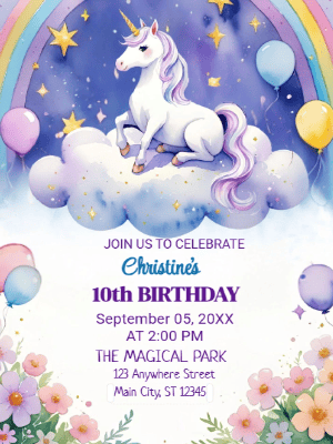 Unicorn Kids 10th Birthday Invitation customizable template