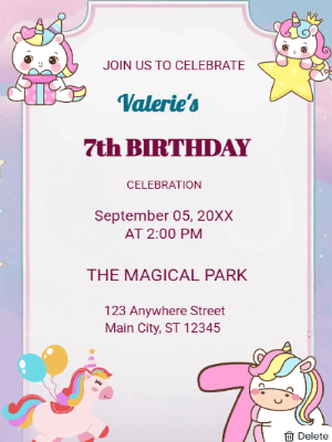 Unicorn Kids 10th Birthday Invitation customizable template