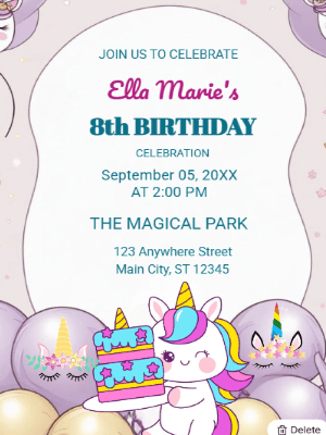 Unicorn Kids Birthday Invitation customizable template