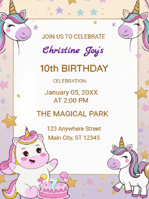 Unicorn Kids 10th Birthday Invitation customizable template