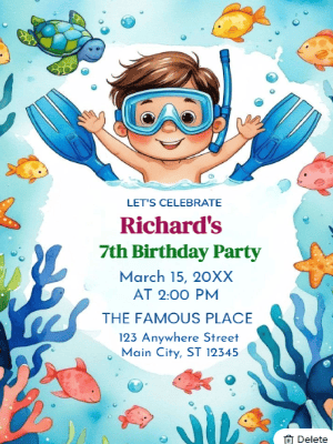 Under The Sea Theme   Kids Birthday Invitation customizable template