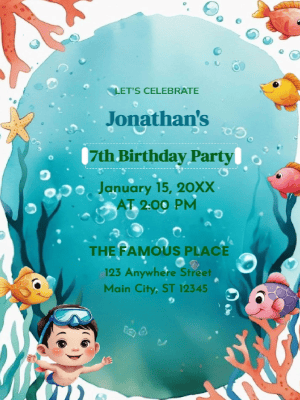 Under The Sea Theme   Kids Birthday Invitation customizable template