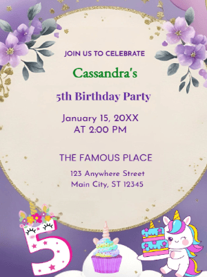 Purple Unicorn and Floral   Kids Birthday Invitation customizable template