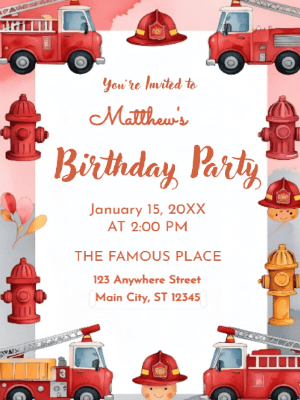 Fire Truck Theme Kids Birthday Invitation customizable template