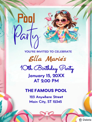Pool Party Theme   Kids Birthday Invitation customizable template