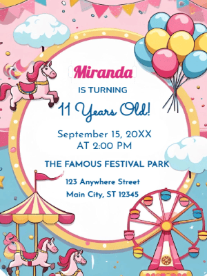 Carnival Carousel Theme   Kids Birthday Invitation customizable template