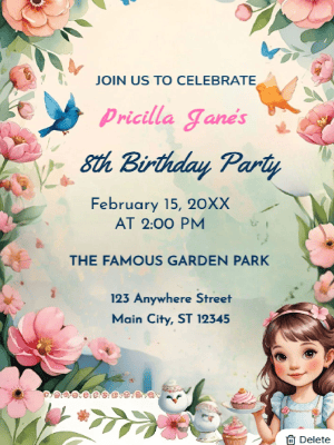 Tea Party Floral Theme   Kids Birthday Invitation customizable template
