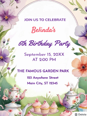 Tea Party Floral Theme   Kids Birthday Invitation customizable template