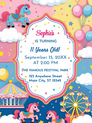 Carnival Carousel Theme   Kids Birthday Invitation customizable template