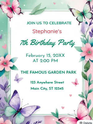 Butterflies Floral Theme   Kids Birthday Invitation customizable template
