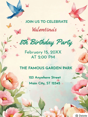 Garden Floral Theme   Kids Birthday Invitation customizable template