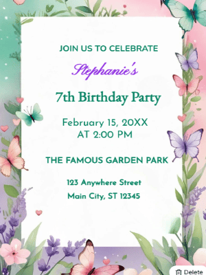 Butterflies Floral Theme   Kids Birthday Invitation customizable template