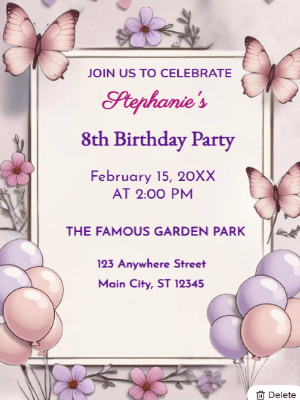 Butterflies Floral Theme   Kids Birthday Invitation customizable template