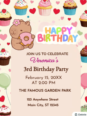 Colorful Cupcakes Capybara Theme   Kids Birthday Invitation customizable template