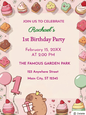 Colorful Cupcakes Capybara Theme   Kids Birthday Invitation customizable template