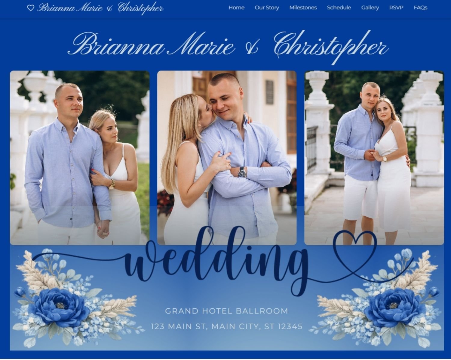 Elegant Icy Blue Floral Wedding Website