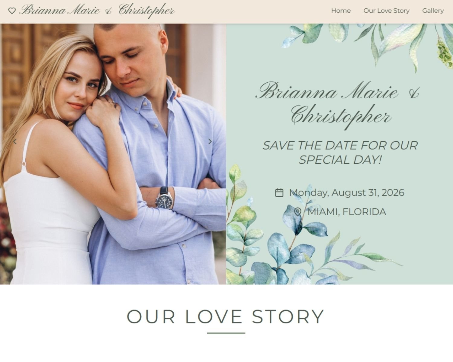 Elegant Eucalyptus Jade Green Save the Date Wedding Website