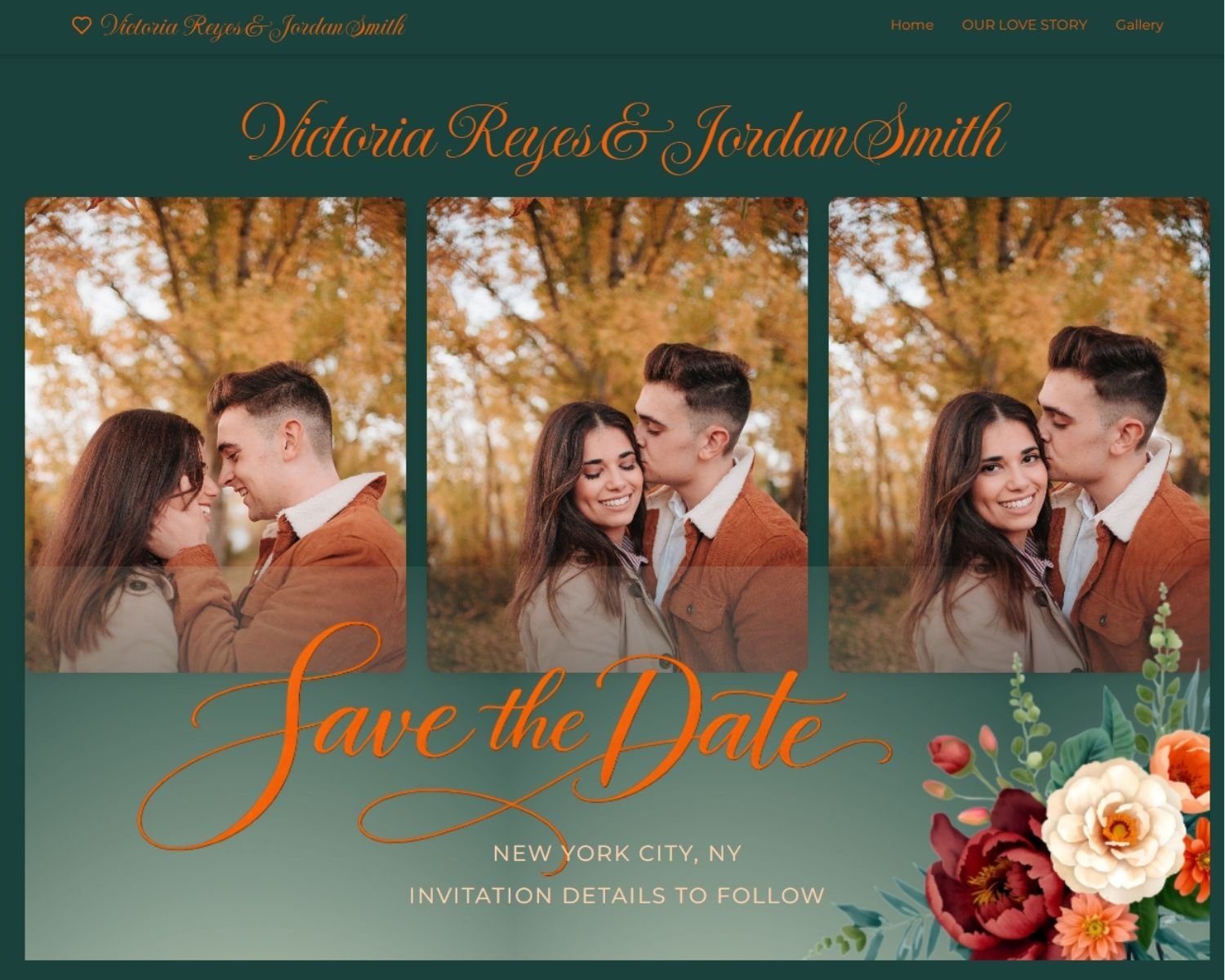 Wedding Save the Date Burnt Orange and Teal Floral Collage Photo