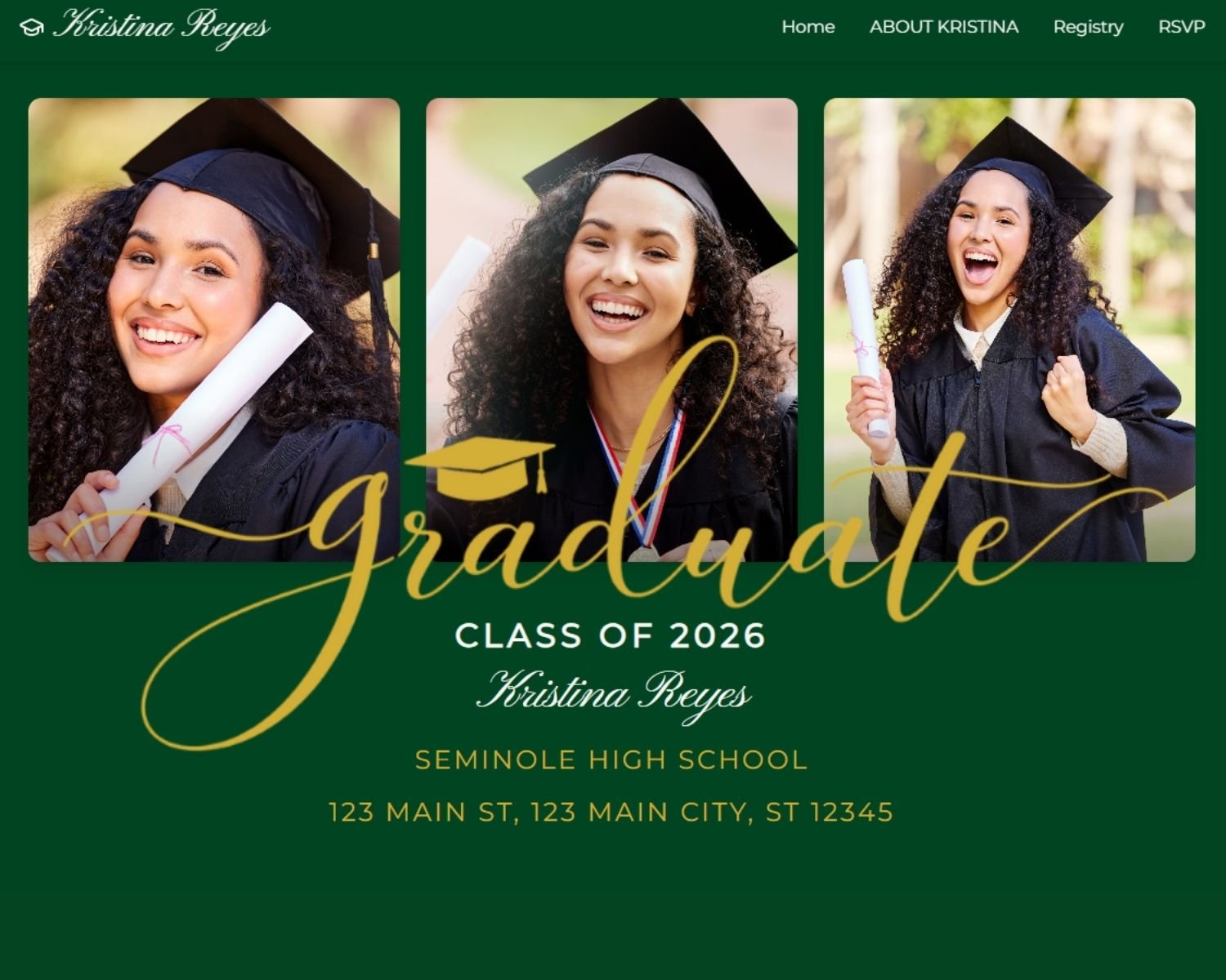 Elegant Emerald Green and Gold Graduate Website Announcement