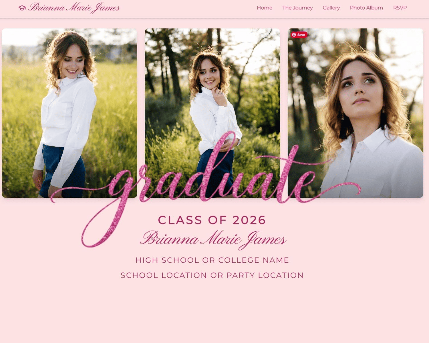Elegant Modern Pink Graduate Graduation Website with Photo & RSVP