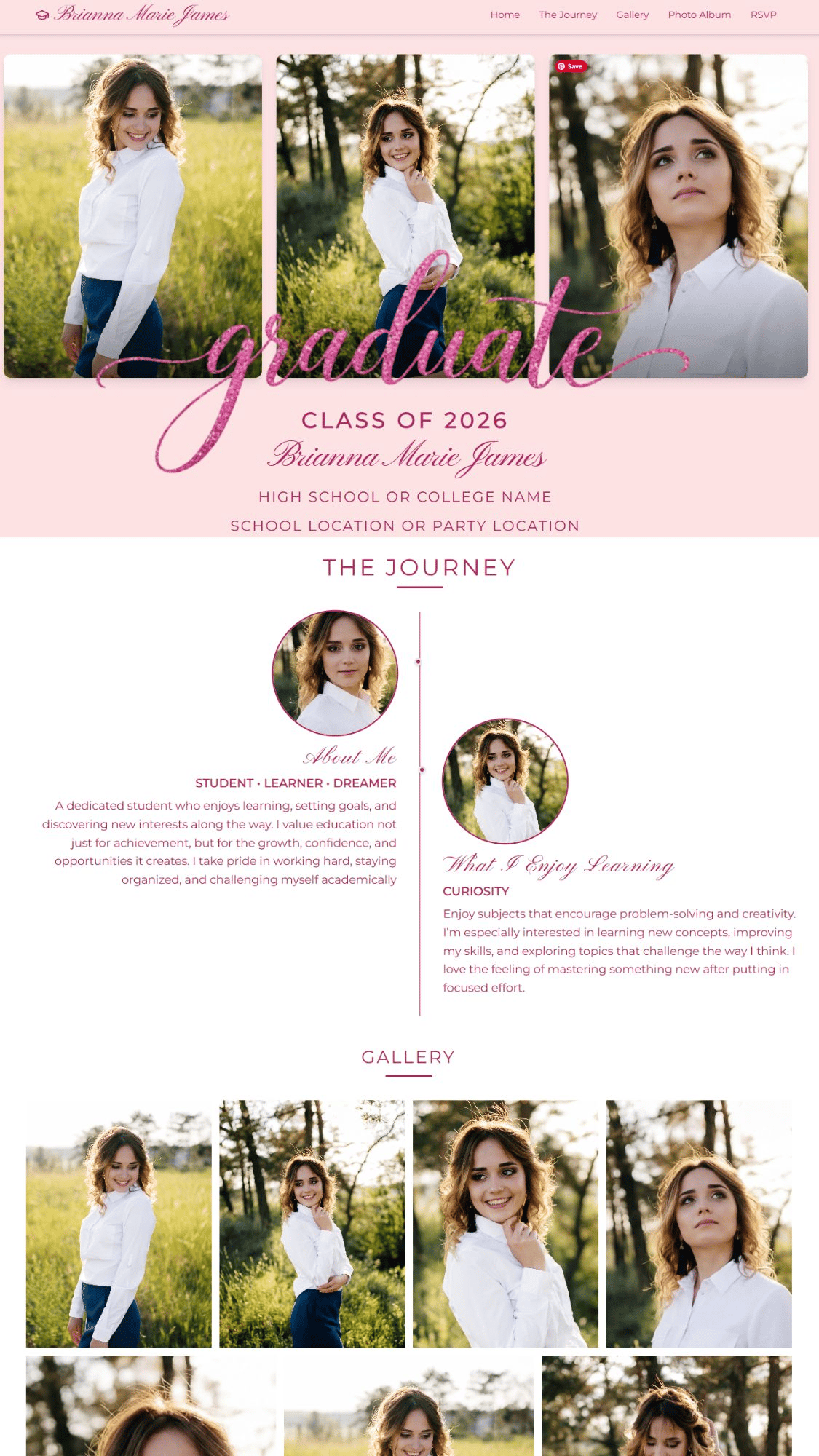 Elegant Modern Pink Graduate Graduation Website with Photo & RSVP