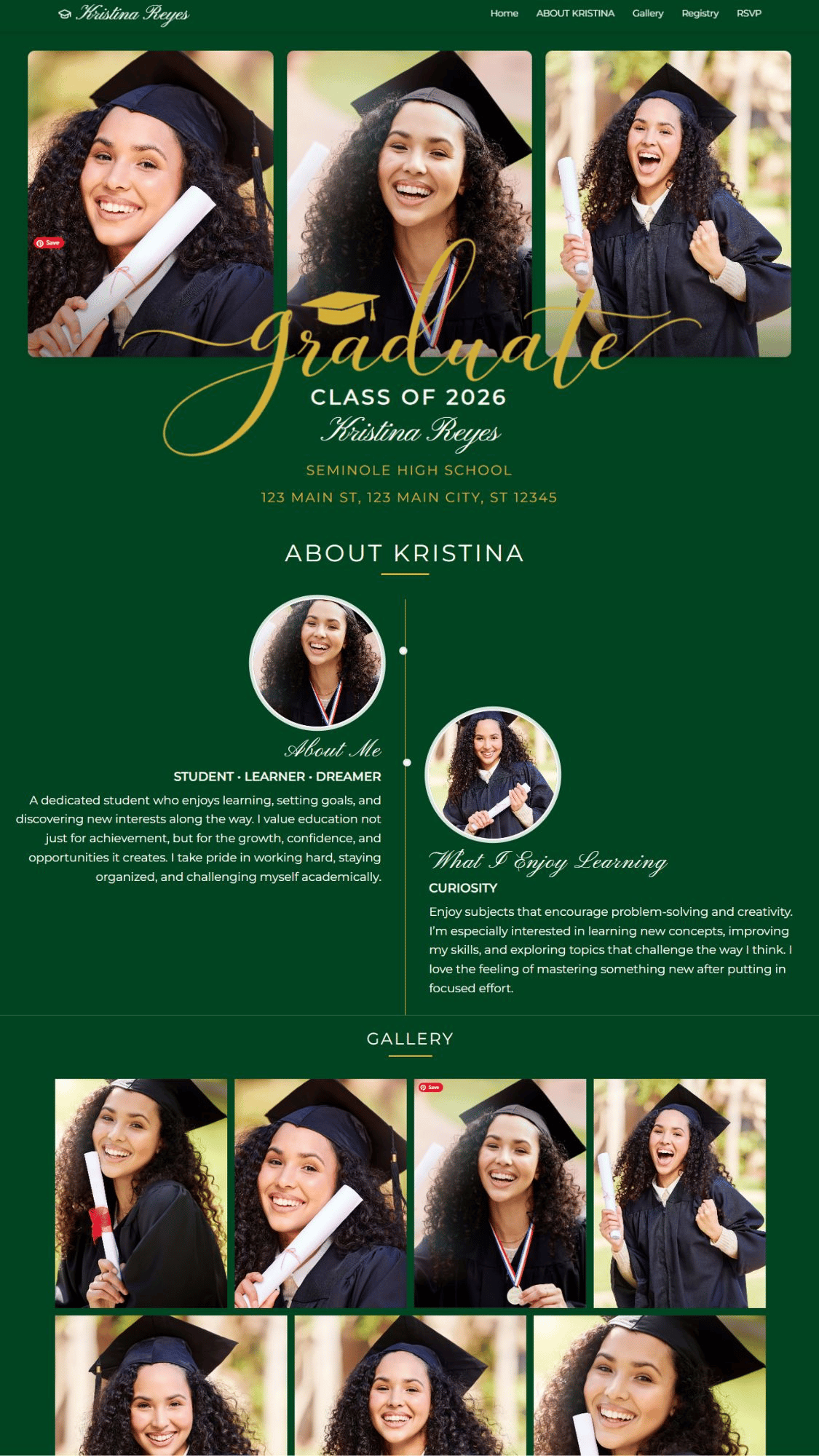 Elegant Emerald Green and Gold Graduate Website Announcement
