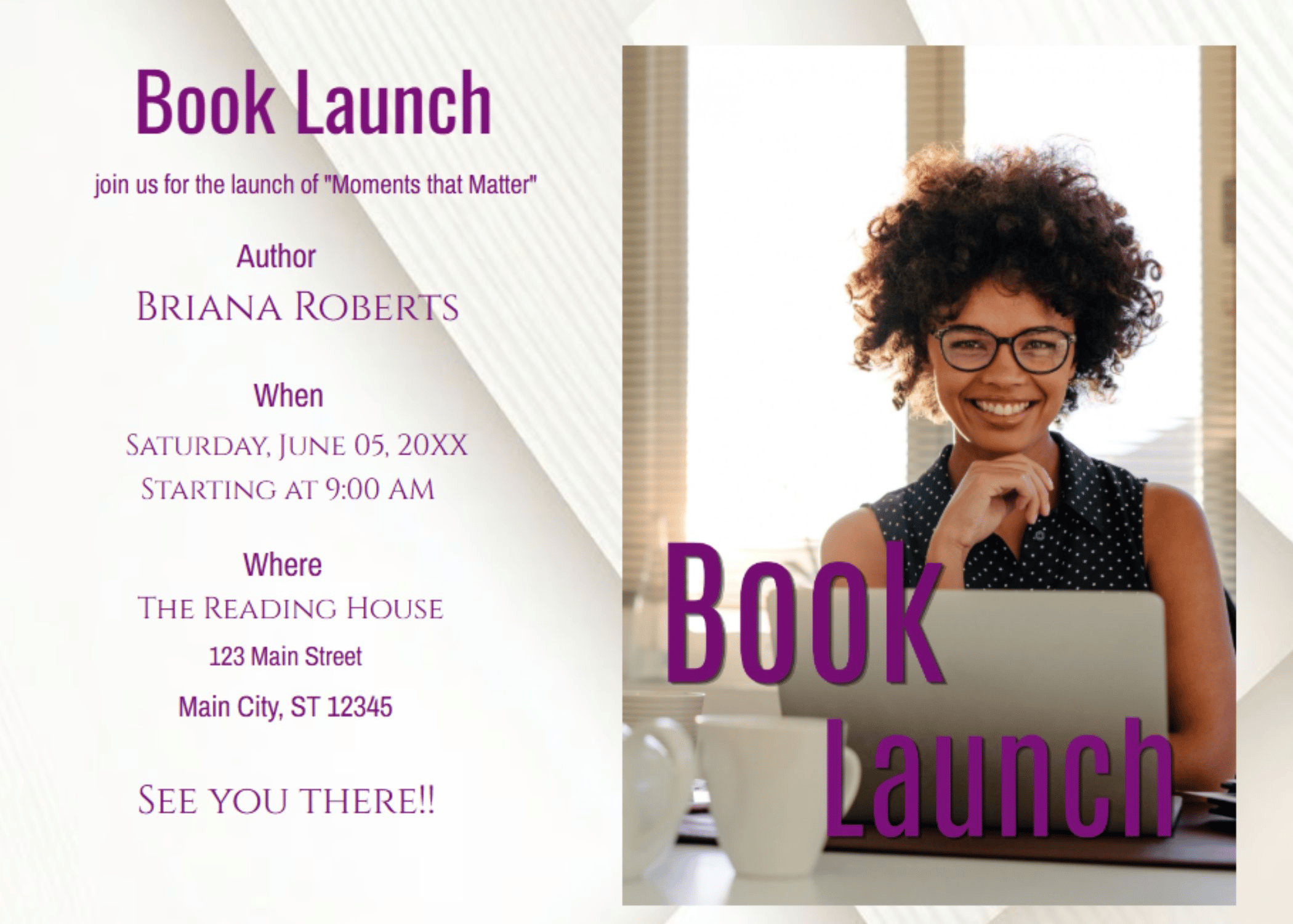 Modern Elegant Purple Book Launch Event Page with Photo