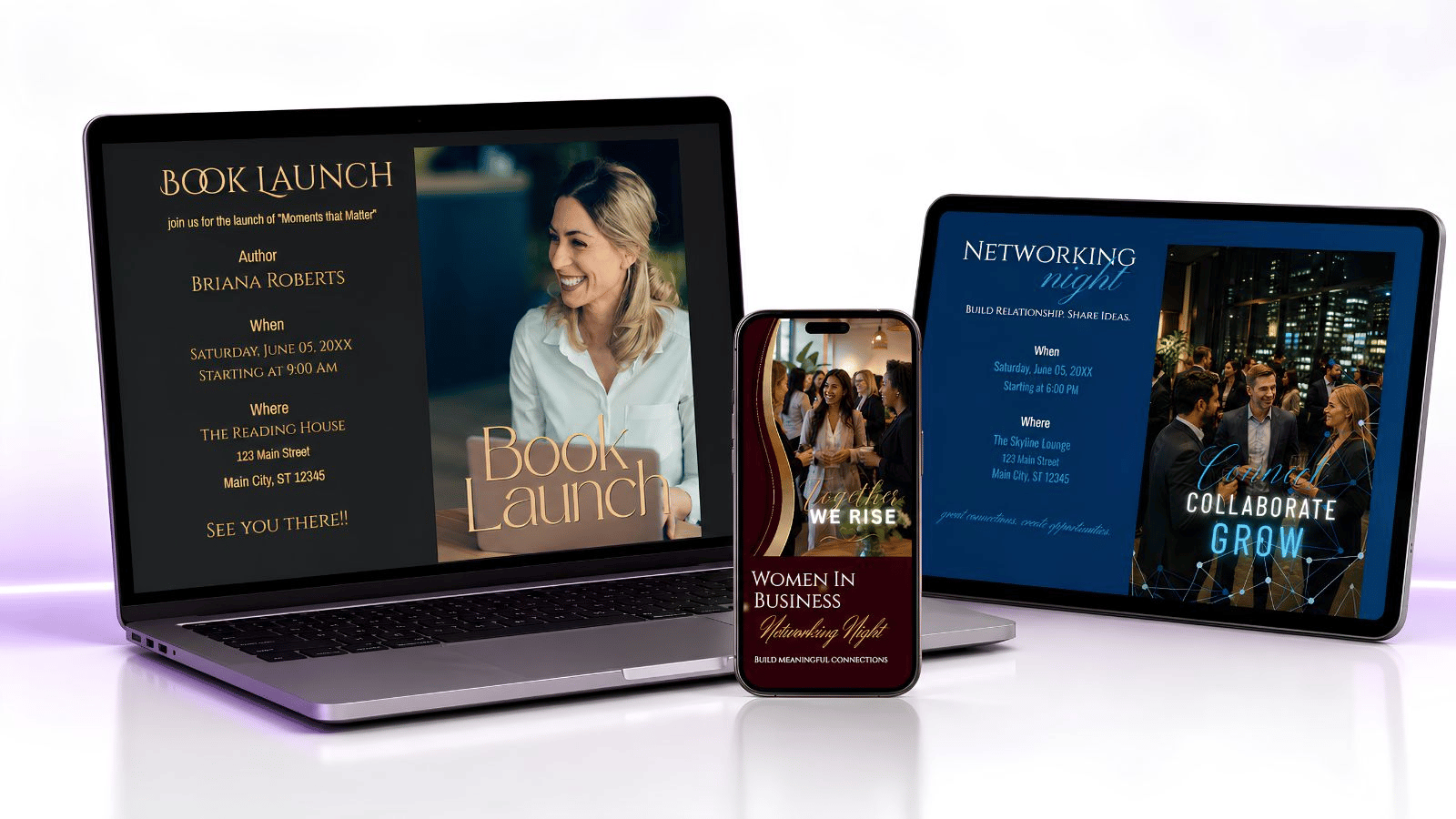 Eventifai branded business event pages for launches, workshops and networking events