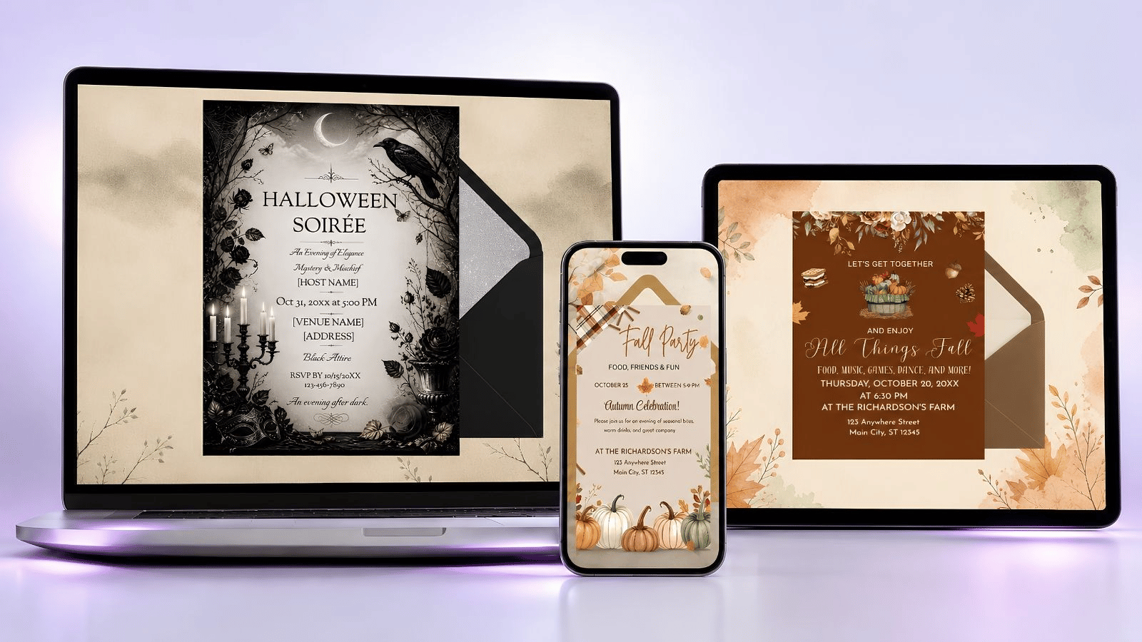 Halloween and fall party invitations displayed on laptop, phone and tablet