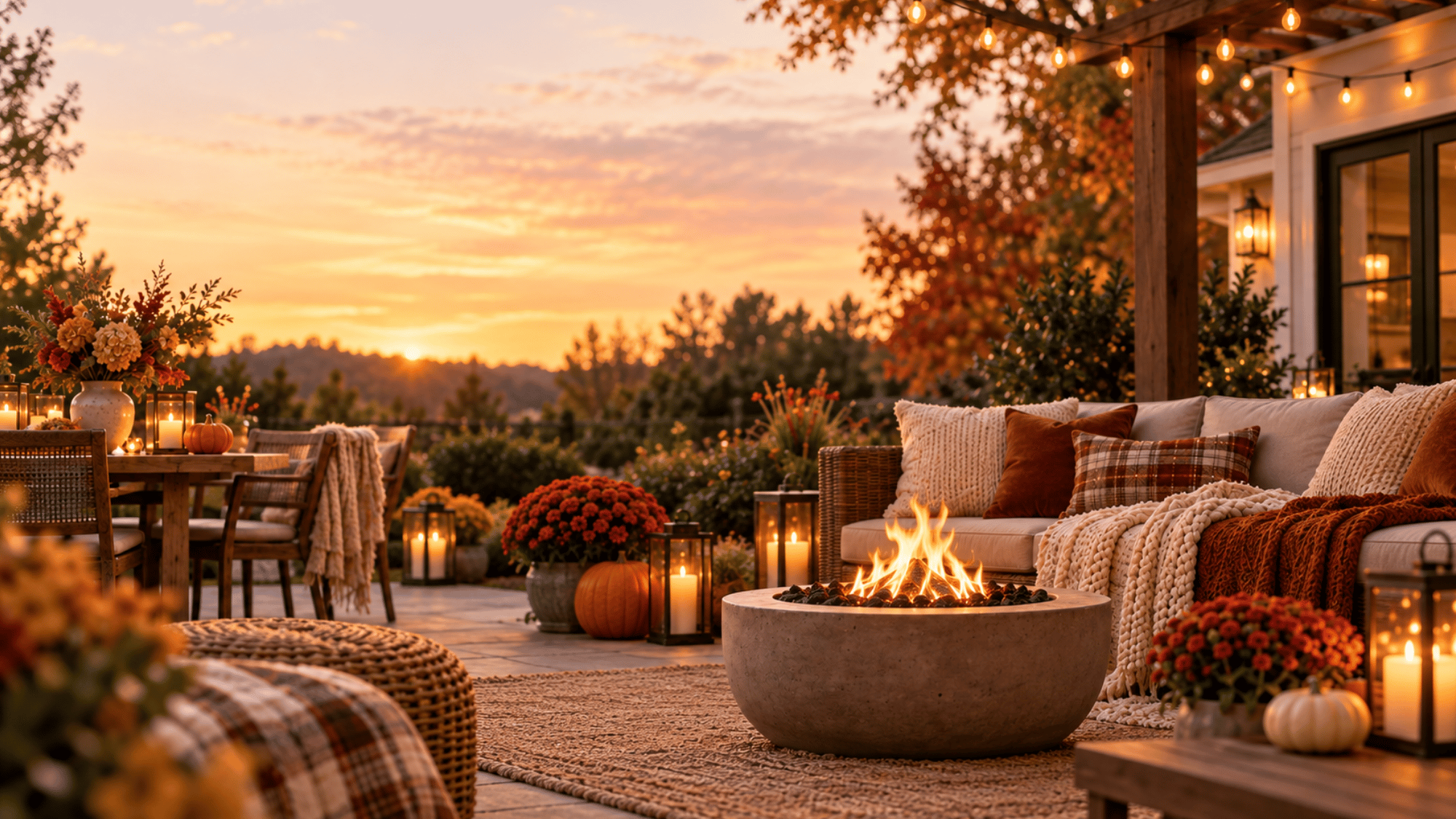 Cozy fall backyard party with a fire pit and string lights